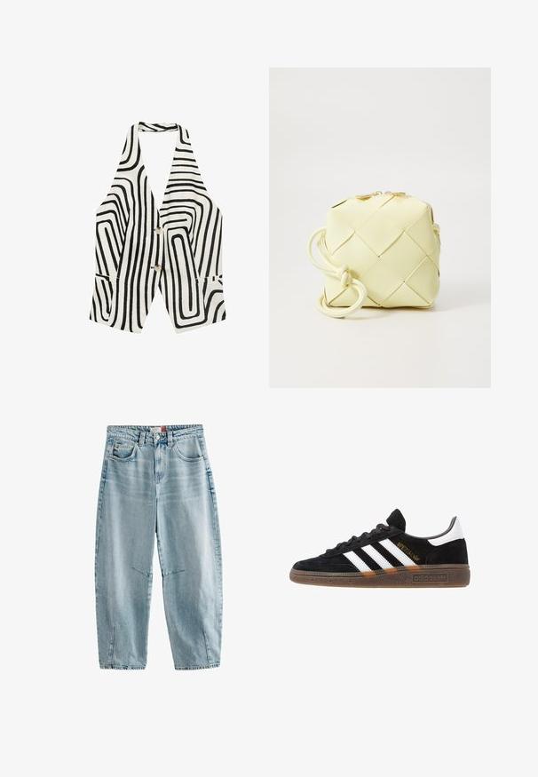 Chaleco sin mangas en blanco y negro con un patrón de olas, dos bolsillos frontales y dos botones en el centro. Fabricado con un tejido texturizado.; Vaqueros de mezclilla de color azul claro con cintura alta, corte relajado, dos bolsillos frontales, un ligero desvanecimiento y aberturas en los laterales del dobladillo.; Zapatilla negra de Adidas con franjas blancas, texto dorado "Spezial", suela de goma y talón blanco, mostrada en vista lateral.; Bolso de mano amarillo tejido con diseño cuadrado, que presenta una textura suave, correa decorativa anudada y herrajes en tono dorado.