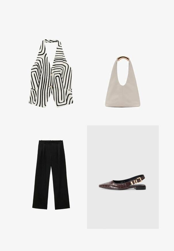 Gilet senza maniche bianco e nero con motivo a onde, due tasche frontali e due bottoni al centro. Realizzato in un tessuto testurizzato.; Pantaloni neri a gamba larga con pieghe, caratterizzati da una texture liscia e un design a vita alta. Stile minimalista, senza hardware o decorazioni visibili.; RAID RUCHI - Ballerine - brown; Borsa in pelle grigio chiaro con design a forma di U e manico metallico curvo. Texture liscia con cuciture minime e senza motivi visibili.