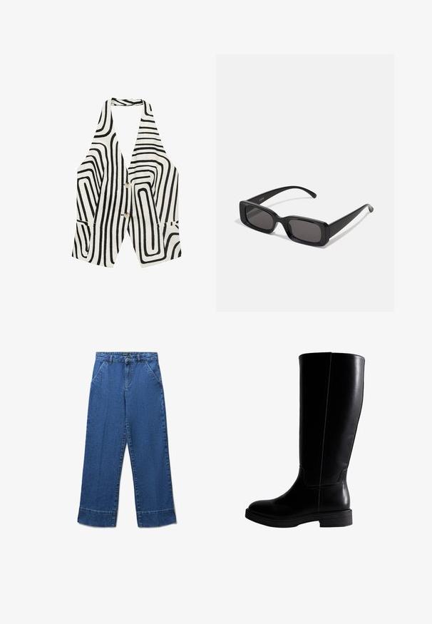 Schwarz-weißer ärmelloser Weste mit Wellenmuster, zwei Vordertaschen und zwei Knöpfen in der Mitte. Hergestellt aus einem strukturierten Stoff.; Jeans mit weitem Bein in mittelblau. Hat eine hohe Taille, Fronttaschen und einen leicht ausgefransten Saum. Klassisches 5-Taschen-Design.; Knöchelhohe schwarze Lederstiefel mit glatter Oberfläche, runder Zehenpartie, minimaler Nahtführung und flacher Gummisohle. Einfaches, elegantes Design.; Schwarze rechteckige Sonnenbrille mit dunklen Gläsern, glänzender Oberfläche, breiten Bügeln und einem klobigen Rahmen-Design. Gravierter Markenname auf einem Bügel.; Schwarze Leder-Schultertasche mit glatter Oberfläche, breitem Korpus, schmalem Tragegurt und einem Reißverschluss an der Oberseite.