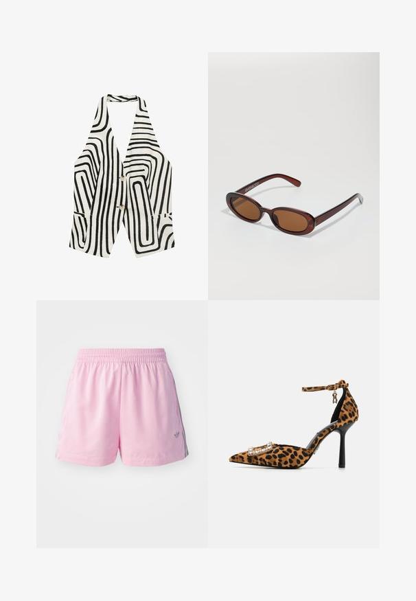Zwart-witte mouwloze vest met een golfpatroon, twee voorzakken en twee knopen in het midden. Gemaakt van een gestructureerde stof.; Roze sportshorts met een elastische tailleband, voorzien van een grijze streep aan de zijkanten en een klein logo aan de voorkant. Gemaakt van lichtgewicht stof.; Schoen met leopardprint, hoge hak en spitse neus, van fluweel met enkelbandje en een gesp versierd met kristallen. Zwarte stilettohak.; Ronde, bruin getinte zonnebril met een glanzend bordeauxrood frame. Slanke pootjes met subtiele merkdetails. Vlakke lensontwerp.; Een stapel van twee ringen; de bovenste is amberkleurig met krommingen, en de onderste is lichtbeige; beide zijn glad en glanzend van hars.