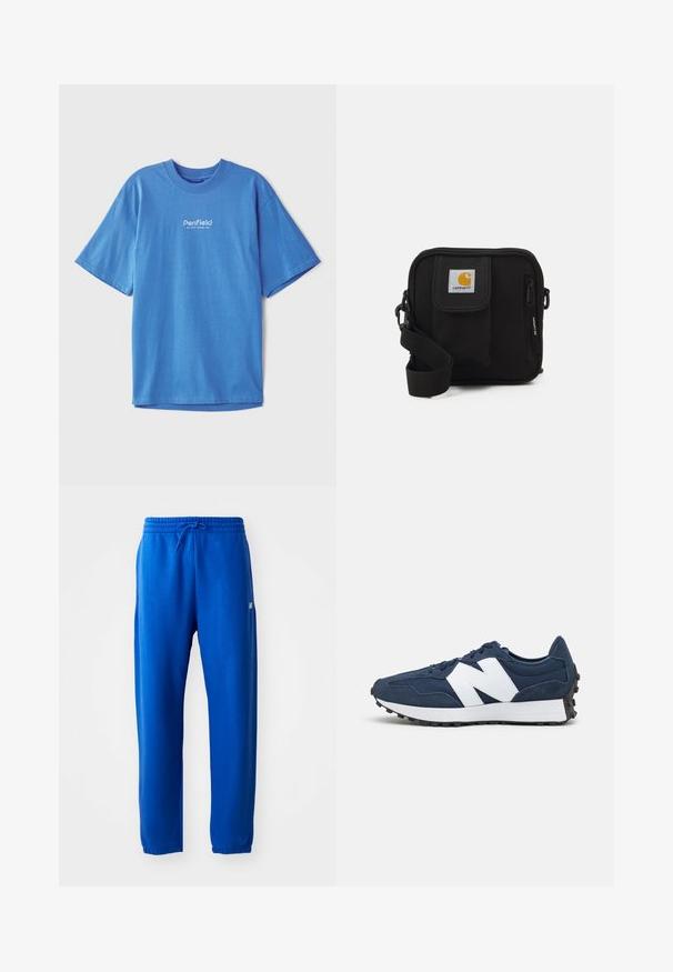 Tamno plava pamučna majica s kratkim rukavima i okruglim izrezom. Na prednjoj strani se nalazi bijeli logo "Penfield". Glatka, prozračna tekstura.; Plave trenirke izrađene od mekog materijala, s elastičnim pojasom i vezicom, uskim nogavicama i malim logotipom sa strane.; Mornarskoplavi atletski tenisice s bijelim logotipom, gornjište od antilopa i mrežaste tkanine, s podstavljenim izrezom, ravnim vezicama i teksturiranom crnom gumenom potplatom.; Crna torba za preko ramena s glavnim odjeljkom na patentni zatvarač, prednjim džepom, podešivim remenom i vidljivom oznakom na preklopu.