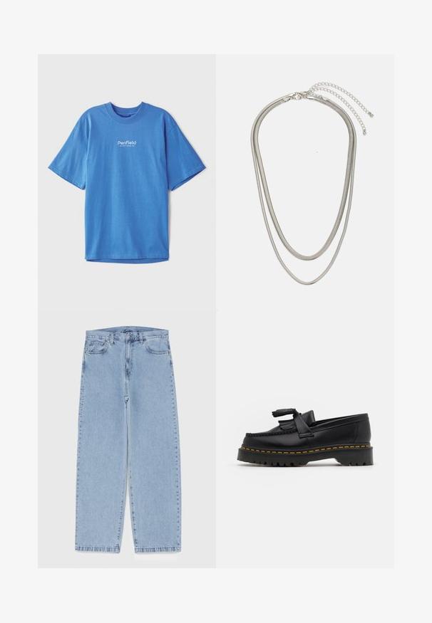 Syv blå bomullst-skjorte med korte ermer og rund hals. Har hvit "Penfield"-logo på forsiden. Glatt, pustende tekstur.; Vaaleansiniset farkut suoran lahkeen muotoilulla, joissa on puolivälin vyötärö, viisi taskua sekä nappi- ja vetoketjusuljenta.; Musta nahkakengät, joissa on tupsuakkentti, paksu musta pohja ja keltainen ommel reunassa. Rakeinen pinta.; Kolmikerroksinen hopeametallinen kaulakoru, jossa on tyylikkäitä, joustavia ketjuja, joissa on hieno kiilto. Kaulakoru on kiinnitetty hummerilukolla ja siinä on säädettävä ketju.