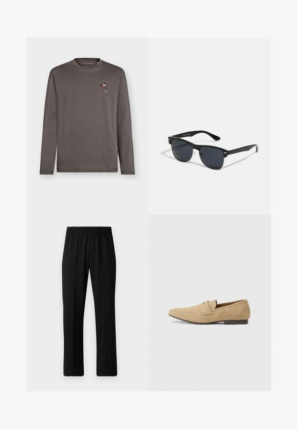 Γκρι μακρυμάνικο πουκάμισο από βαμβάκι με στρογγυλή λαιμόκοψη. Διαθέτει μικρή κεντητή σχεδίαση σκιέρ στο στήθος.; Μαύρο παντελόνι με ελαστική μέση και ίσια γραμμή, με λεία υφή και χωρίς εμφανή σχέδια ή μεταλλικά στοιχεία.; Μπεζ σουέτ μοκασίνια με ελαφριά γυαλάδα, με στρογγυλή μύτη, σχέδιο slip-on και χαμηλό καφέ τακούνι. Διακριτική ραφή.; Μαύρα γυαλιά ηλίου σε ορθογώνιο σχήμα, σκούροι φακοί, ασημί λεπτομέρειες στους κροτάφους και ματ φινίρισμα στον σκελετό.