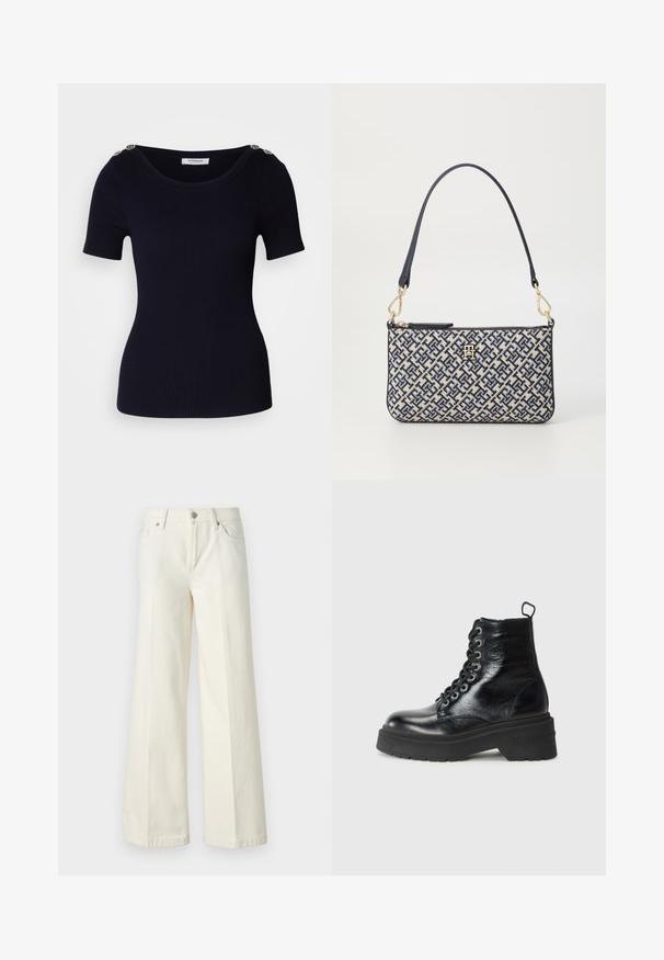 Námorně modrý žebrovaný pletený top s krátkým rukávem a širokým výstřihem, s ozdobnými zlatými knoflíky na ramenou. Hladká textura a upnutá silueta.; Široké bílé džíny vyrobené z bavlněné směsi. Obsahují zip, pět kapes a prošívání podél švů.; Černé kozačky po kotníky s lesklým povrchem, vybavené robustní platformou a šněrovacím designem, výrazně zobrazující značku "TOMMY".; Obdélníková kabelka s námořnickým a krémovým geometrickým vzorem, texturovaná tkanina, zlaté kovové prvky a jeden námořnický ramenní popruh.