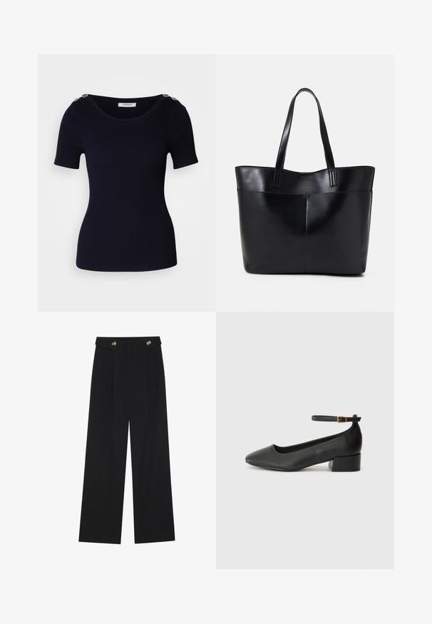 Tummansininen ribatulla neuleella varustettu lyhythihainen toppi, jossa on leveä pääntie ja koristeelliset kultaiset napit olkapäällä. Suora pinta ja tiukka siluetti.; Mustat leveälahkeiset housut, joissa on korkea vyötärö, napit vyötärönauhassa ja etupuolella laskokset.; Mustat nahkakengät, joissa on terävä kärki ja matala lohkare korko. Varustettu nilkkahihnalla, jossa on kultasävyinen solki. Lisää sileä pinta.; Musta nahkainen kassi, jossa on kaksi pitkää kahvaa, sileä pinta ja jämäkkä muoto. Sisältää etutaskun lisävarastointia varten.