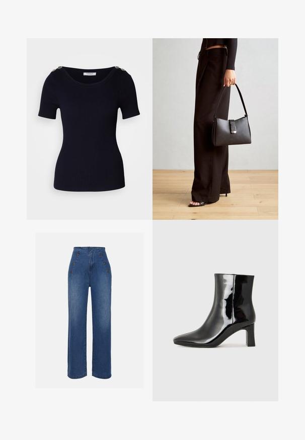 Sügavsinine ribade kudumisega lühikeste varrukatega topp, lai krae ja dekoratiivsed kuldsetest nuppudest õlal. Sile tekstuur ja istuv siluett.; Keskmise sinise värviga kõrge vöökohaga teksad. Omavad esipoolsete nööbiefekte ja laia jala disaini. Kanga tekstuur on sile ja kerge kulumisega.; Must-sinine nahkjalats musta läikiva viimistlusega, millel on terav nina ja keskmise kõrgusega plokk konts. Sile tekstuur ja minimalistik disain.; Must musta kott, millel on struktureeritud kuju, sile tekstuur ja metallist klamber. Kombineeritud laiate mustade pükstega ja avatud varvaste sandaalidega puidust põrandal.