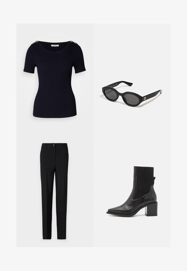 Marineblå ribbestrikket t-skjorte med korte ermer og bred halslinning, dekorert med gullknapper på skulderen. Glatt tekstur og kroppsnær silhuett.; Sorte skreddersydde bukser med rett bendesign, med knappelukking og beltehemper, laget av glatt stoff.; Svart ankelstøvel med spiss tå, laget av glatt lær og elastisk stoff. Har blokkhelt og minimalistisk design.; Sorte ovale solbriller med mørke linser og blank plastramme. Har gulllogo på stengene, og tilbyr et elegant og moderne design.; Blåmønstret håndveske laget av stoff, med buet form, svart lærreim og logodesign i en lysere nyanse.