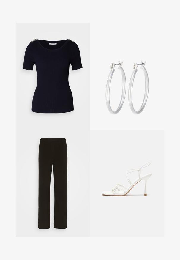 Námorně modrý žebrovaný pletený top s krátkým rukávem a širokým výstřihem, s ozdobnými zlatými knoflíky na ramenou. Hladká textura a upnutá silueta.; Černé kalhoty rovného střihu vyrobené z tkané látky, s plochým předním dílem, dvěma bočními kapsami a hladkým povrchem. Žádné viditelné vzory ani akcenty.; Bílé sandály na vysokém podpatku s tenkým páskem kolem kotníku, plochou špičkou, texturovaným předním dílem s nařasenými detaily.; Stříbrné kruhové náušnice s hladkým, lesklým povrchem. Kulatý tvar a bezpečné zapínání na klip. Lehký design vhodný pro každodenní nošení.