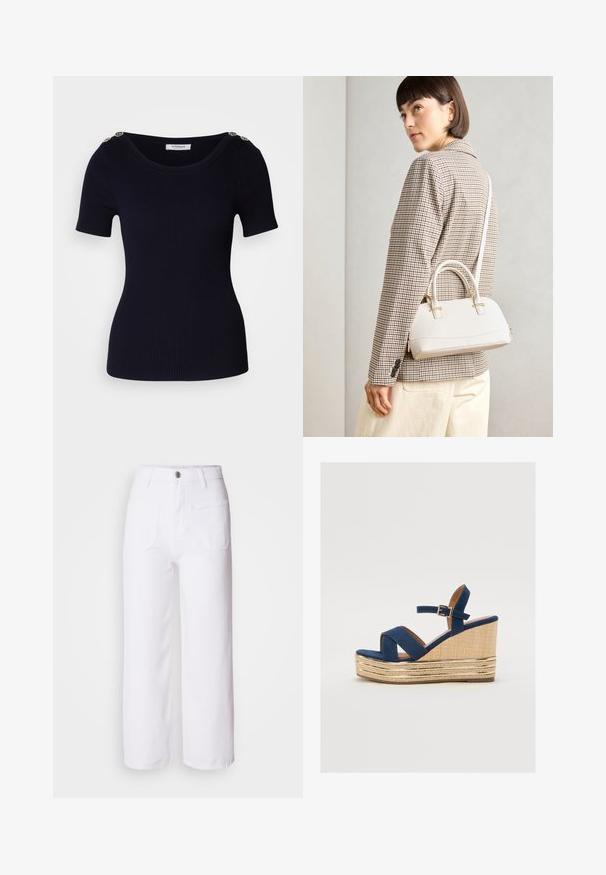 Sügavsinine ribade kudumisega lühikeste varrukatega topp, lai krae ja dekoratiivsed kuldsetest nuppudest õlal. Sile tekstuur ja istuv siluett.; Valged denimid laiad püksid nööbiga kinnitusega, vöökohaga, kahe esi-taskuga ja ühe taga-taskuga. Vastupidav ja tekstuuriline kangas.; Tumesinine klotsmanisaapad ristatud rihmadega, tekstureeritud looduslikust kiust platvorm ja kuldne metallist aktsent põhjas.; Valge struktureeritud käekott lühikeste käepidemete ja õlavööga, millel on kuldse riistvara aktsendid ja tekstuuriga materjal, eksponeeritud halli taustal.