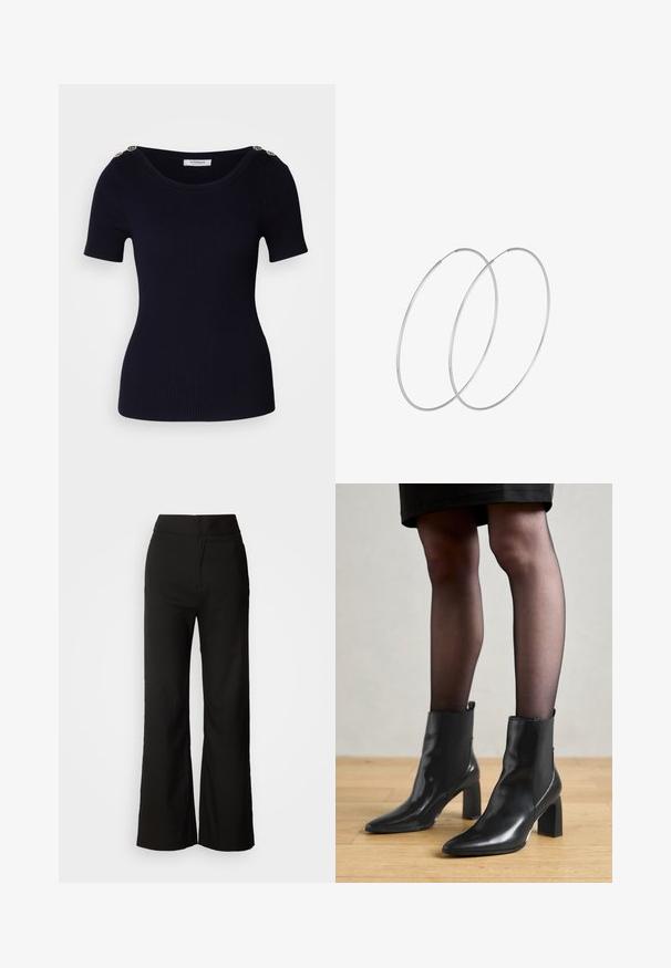 Top de punto acanalado de manga corta en azul marino con un escote amplio y botones decorativos dorados en el hombro. Textura suave y silueta ajustada.; Pantalones de pierna ancha negros con una textura suave, cintura alta y un diseño limpio. Sin bolsillos visibles ni adornos.; Botines de cuero negro hasta el tobillo con punta afilada, tacón cuadrado grueso y diseño elegante. Presentan paneles laterales elásticos para facilitar el uso.; Pendientes de aro plateados con un diseño minimalista. Forma circular, textura suave y perfil delgado. Livianos con un acabado pulido.
