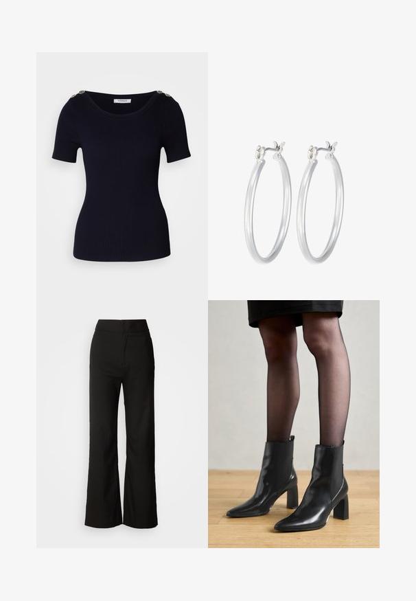 Tummansininen ribatulla neuleella varustettu lyhythihainen toppi, jossa on leveä pääntie ja koristeelliset kultaiset napit olkapäällä. Suora pinta ja tiukka siluetti.; Mustat leveät housut, joissa on sileä pinta, korkea vyötärö ja siisti muotoilu. Ei näkyviä taskuja tai koristuksia.; Mustat nahkasaappaat nilkkamittaisella varrella, terävässä kärjessä, paksussa neliömassassa ja tyylikkäässä muotoilussa. Varustettu joustavilla sivupaneeleilla, jotka helpottavat pukemista.; Hope-silver rengas, joissa on sileä ja kiillotettu pinta. Pyöreä muoto ja turvallinen napsautettava lukitus. Kevyt muotoilu sopii päivittäiseen käyttöön.