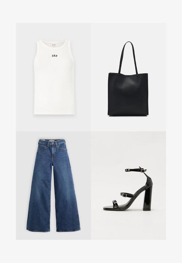 Witte geribde tanktop met een ronde halslijn, voorzien van een klein zwart "GAP" logo op de voorkant. Zachte stof, mouwloos ontwerp en standaard pasvorm.; Brede spijkerbroek van blauw denim met vijf zakken, een knoopsluiting en contrasterende stiksels, met een zachte en gestructureerde afwerking.; Zwarte gepatenteerde sandalen met hak en een vierkante neus, enkelbandjes en zilveren gespen. Heeft een stevige blokhak voor stabiliteit.; Zwarte leren handtas met een gladde textuur, rechthoekige vorm en twee lange handvaten. Geen zichtbare hardware of versieringen.