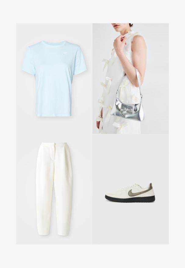 Nike Sportswear CLUB TEE - T-shirts - glacier blue/white; Høytlivede, smale hvite bukser med skjult frontlukking og sidelommer, vist mot en ensfarget hvit bakgrunn.; Nike Sportswear FIELD GENERAL - Joggesko - off-white/black; Sølvmetallisk håndveske med en strukturert form, med en topphåndtak og sløyfedetalj foran. Glatt tekstur, reflekterende overflate.