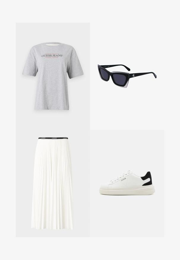 Pilkas trumpas rankovėmis marškinėliai su tekstu "Amerikos tradicija GUESS JEANS® ORIGINALŲ DIZAINAI" juodu ir raudonu šriftu.; Pleated balta sijonas su juodu elastiniu juosmeniu, ant kurio yra "LACOSTE" logotipas. Vidutinio ilgio dizainas su švelnia tekstūra.; Baltos odinės sportbačiai su storu baltu padu, juodu nubuko kulno akcentu ir iškilmingu logotipu šone. Su raišteliais, turinčiais šešis akinius.; Juodos didelės saulės akinių su geometrine forma, turinčiais tamsius objektyvus ir kontrastingą pilką detalę ant rėmelio. Logotipas ant šalon.