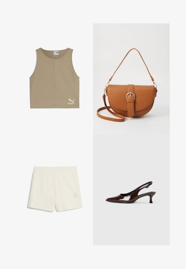 Beige ärmelloses Oberteil mit einem strukturierten Rippenmuster, runder Halsauschnitt und weißem PUMA-Logo auf der unteren linken Vorderseite.; Cremefarbene Sportshorts mit einem elastischen Bund, ausgestattet mit einem kleinen weißen Logo-Patch auf der Vorderseite und einer glatten Stoffoberfläche.; Braune Lackleder-Slingback-Schuhe mit spitzer Zehe und moderatem Absatz. Mit einem Schnallenriemen für einen sicheren Sitz. Glatte Textur.; Braune Leder-Crossbody-Tasche mit geschwungener Form, goldfarbenen Beschlägen und einer Schnallenakzentuierung. Verfügt über einen abnehmbaren Schultergurt.