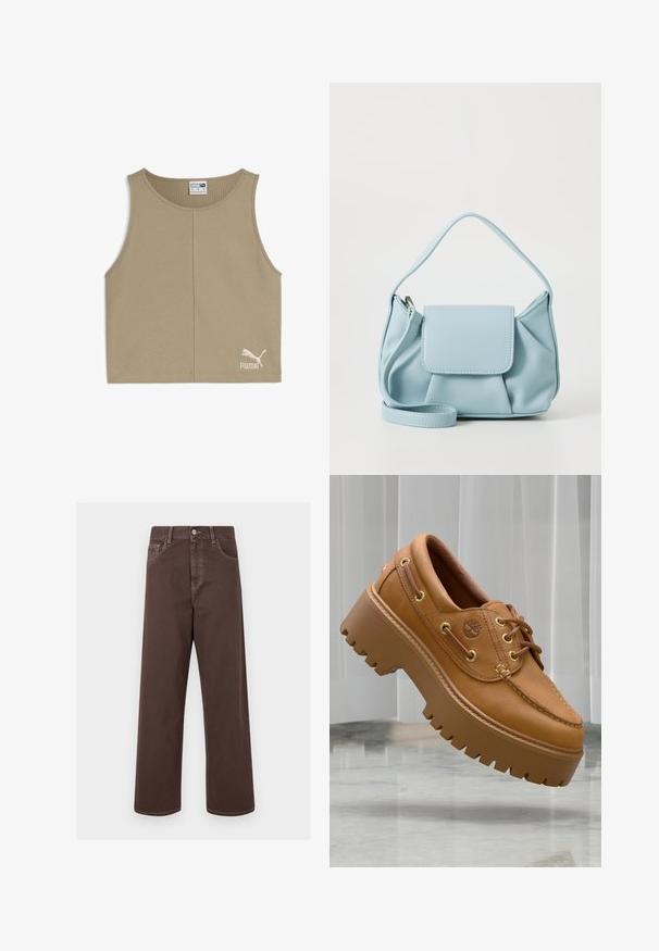 Bež majica bez rukava s teksturiranim rebrastim uzorkom, okruglim izrezom i bijelim PUMA logotipom na donjoj lijevoj strani.; Smeđe široke traperice s kontrastnim šavovima, pet džepova i metalnim kopčanjem. Glatka tekstura, ravni kroj.; Tamne kožne platforme s debelim, rebrastim potplatima, zlatnim rupicama i jednostavnim šivenim dizajnom. Ima mali logo sa strane.; Svijetloplava kožna torba s gornjom drškom, prednjim džepom s preklopom i odvojivom narukvicom na bijeloj pozadini.