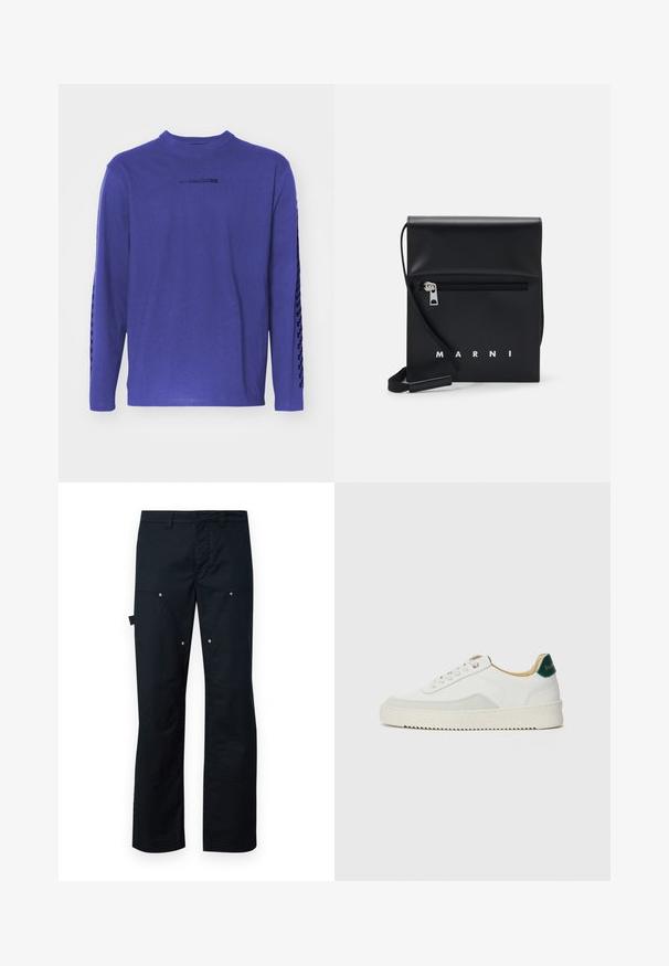 Long-sleeve purple t-shirt made of cotton, featuring a round neck and a patterned accent along the sleeves with a logo on the chest.; Black cargo pants made of durable fabric, featuring a straight cut, multiple pockets, and subtle silver hardware accents.; White sneaker with suede accents, rounded toe, flat laces, and a cream rubber sole. Features green branding on the heel.; Black leather crossbody bag with a zippered front pocket, embossed logo, and adjustable strap. Smooth texture with a structured shape.