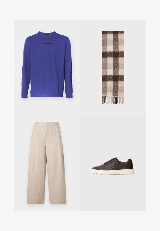 Pitkähihaisen violetin t-paidan, joka on valmistettu puuvillasta, pyöreä kaula-aukko ja kuvioitu tehoste hihoissa, rinnassa logo.; Holzweiler ALEX ONE PLEAT TROUSER - Housut - ecru; Tummanruskeat nahkakengät, joissa on teksturoitu pinta, pyöreä kärki ja kontrastivärinen kermanvärinen kumipohja. Varustettu nauhoilla ja hienovaraisilla ompelutyynyillä.; Villapashmina, jossa on ruudullinen kuvio kerma-, beige- ja tummanruskeissa sävyissä, frisaariset reunat ja pehmeä, teksturoitu pinta.