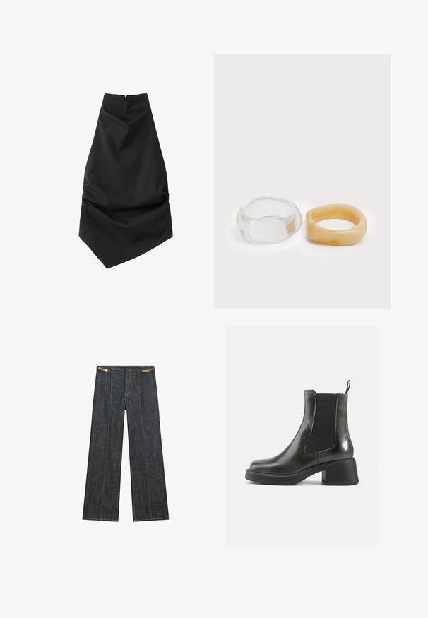 Černá sukně z pevné tkaniny s vysokým pasem a asymetrickým lemem. Obsahuje na jedné straně řasené detaily pro přidanou strukturu.; Tmavě modré denimové široké kalhoty s vysokým pasem. Vyznačují se viditelným šitím, zapínáním na knoflík a jedinečným řetízkovým akcentem v pase.; Černé kožené kotníkové boty s hladkým povrchem, elastickými bočními panely a masivním podpatkem. Obsahují poutko pro snadnější nazouvání.; Průhledné a jantarové prsteny z pryskyřice, jeden hladký a transparentní, druhý s texturovaným jantarovým povrchem. Oba mají zaoblené, robustní tvary.