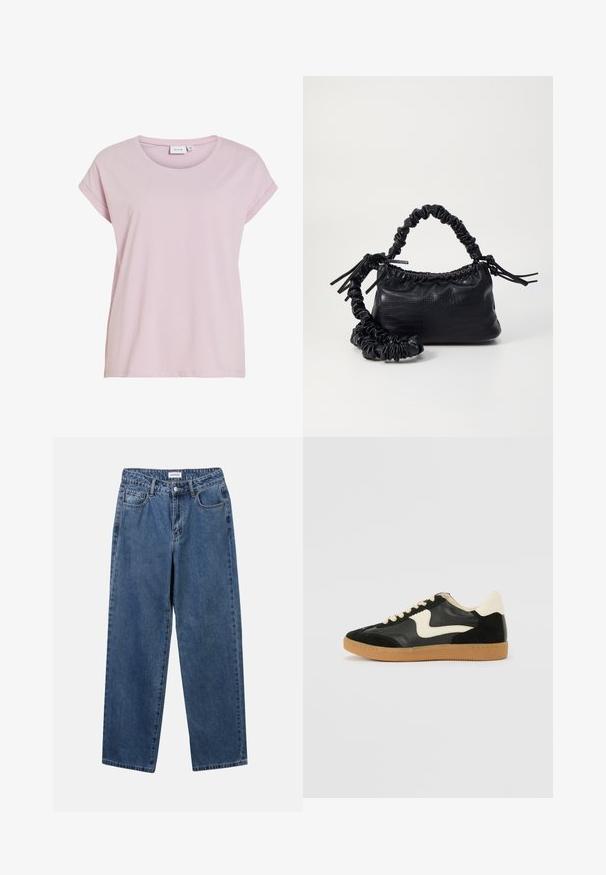 Tricou roz dintr-un material moale, cu decolteu rotund și mâneci scurte răsucite. Croială dreaptă, cu o potrivire ușor lejeră.; Jeans clasice din denim albastru, cu un design drept, cinci buzunare și închidere cu nasture. Prezentând o spălare medie și o textură rezistentă.; Tenisi din suede și piele negri cu un swoosh lateral de culoare crem și călcâi de un crem deschis. Prezintă șireturi bej și o talpă din rubber de tip gum.; Geantă din faux leather neagră cu textură de crocodil, cu partea superioară strânsă și o curea mototolită. Pare moale și compactă ca design.