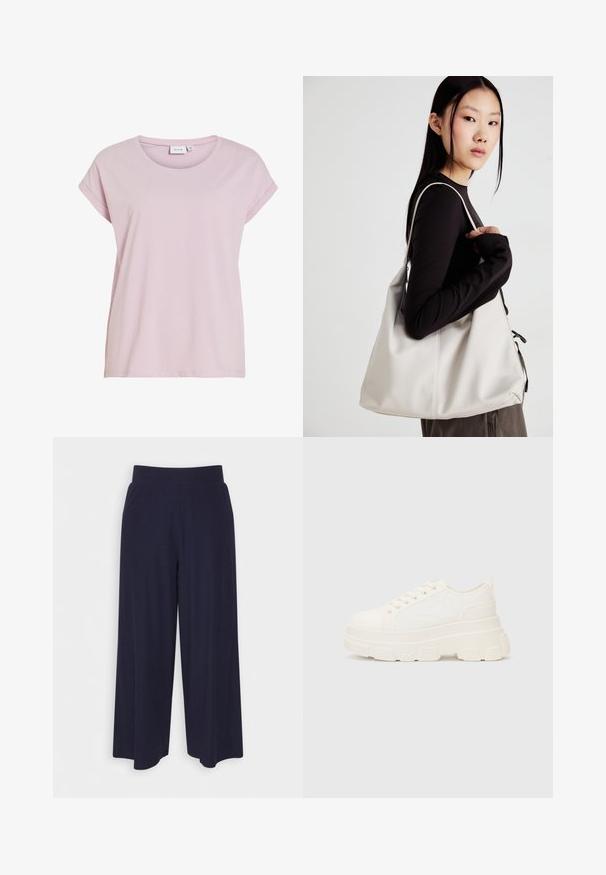 T-shirt rosa feito de tecido suave, apresentando um decote redondo e mangas curtas enroladas. Corte reto com um ajuste ligeiramente solto.; Calças largas em tecido azul-marinho escuro com uma textura ribada. Apresenta uma cintura suave e uma silhueta fluida, atingindo o comprimento até metade da panturrilha.; Sapatilhas brancas em lona com sola espessa, biqueira arredondada e cinco ilhós para atacadores. Laço traseiro para calçar facilmente. Textura suave, design minimalista.; Uma bolsa bege feita de material macio, com um design descontraído, detalhes de costura e duas alças para o ombro. Adequada para uso diário.
