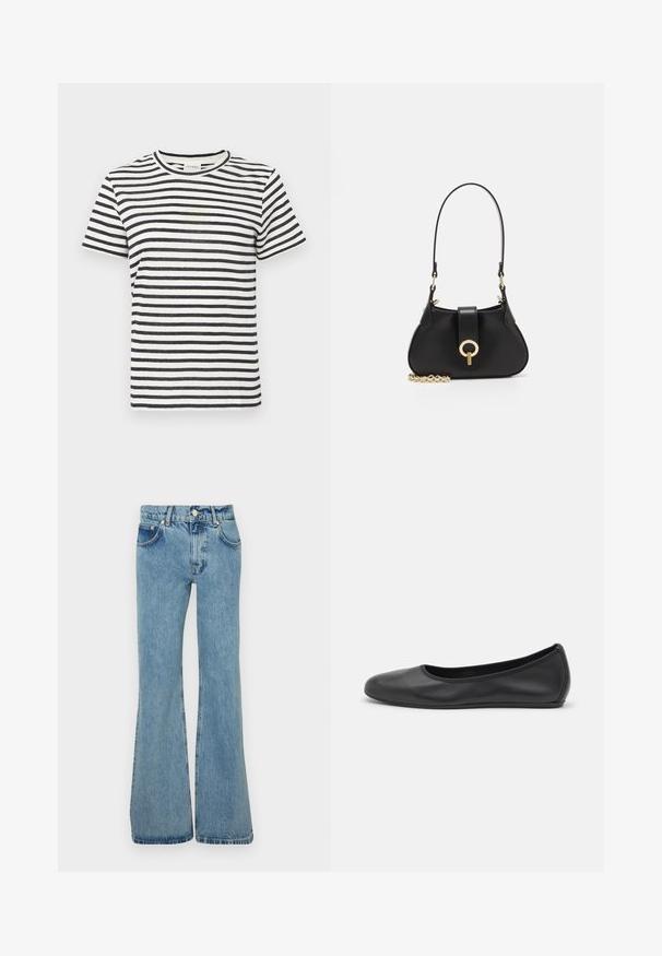 Tricou cu dungi, având linii orizontale bleumarin și alb-crem, guler rotund, mâneci scurte și o textură moale a țesăturii.; Jeans evazati de culoare albastru deschis, fabricate din denim, cu un talie înaltă, buzunare frontale și tivuri desfăcute pentru o potrivire lejeră.; Balerini din piele neagră, cu vârf rotund, textură netedă, detalii de cusătură minimale și un design al tălpii flexibil.; sandro JANET - Geantă de mână - noir