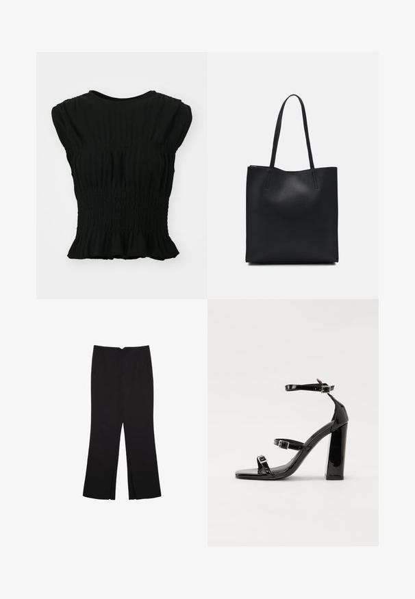 Černý krátký rukáv top vyrobený z texturované tkaniny s nařasenou smockovanou páskou v pase a volánkovým lemem. Kulatý výstřih.; Černé kalhoty s rovným střihem, s předními kapsami a bočními rozparky na lemu. Vyrobené z jemné, hladké tkaniny. Vhodné na různé příležitosti.; Černé lakované sandály na podpatku se čtveratou špičkou, lýtkovými pásky a stříbrnými přezkami. Disponují masivním blokovým podpatkem pro stabilitu.; Černá kožená taška přes rameno s hladkým povrchem, obdélníkovým tvarem a dvěma dlouhými uchy. Žádné viditelné kování ani ozdoby.