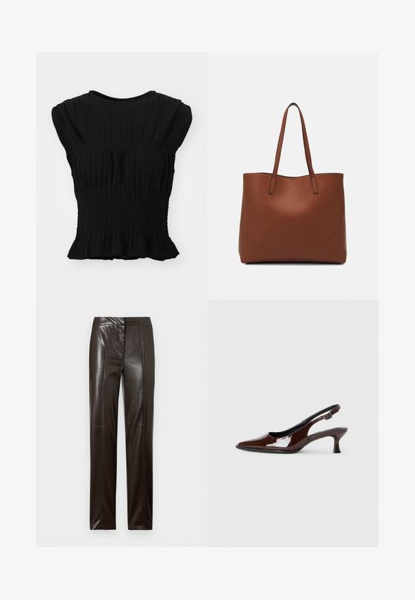 Svart kortärmad topp i textureradtyg med draperad smock vid midjan och en volangkant. Rundad halsringning.; Mörkbruna raka läderbyxor med en slät yta och subtila sömnadsdetaljer längs framsidan.; Brun lackläder slingback-sko med spetsig tå och en måttlig klack. Utrustad med en spännband för säker passform. Slät textur.; Brun läder tote-väska med en slät textur, öppen toppdesign och två axelremmar. Har minimal söm och ingen synlig metalldetalj.