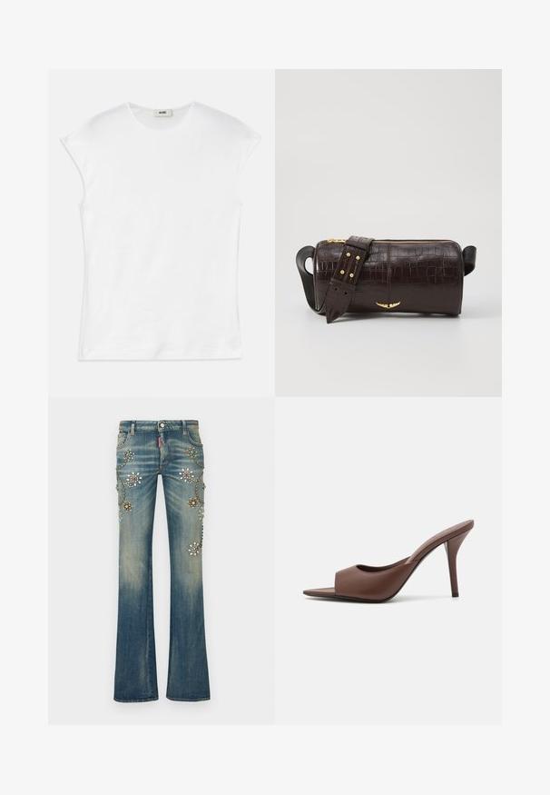 Valkoinen lyhythihainen t-paita, joka on valmistettu puuvillasta. Ominaisuuksiin kuuluu pyöreä kaula-aukko ja sileä, pehmeä pinta, jossa on rento istuvuus. Ei kuvioita tai koristeita.; Liehufarkkuiset siniset farkut, joissa on eri värisiä kukka-aiheisia koristeita, niittejä ja paljetteja koristeellisessa kuviotuksessa.; Ruskean nahkakengät, joissa on avonainen varvas, korkea kanta ja tyylikäs muotoilu. Kengissä on leveä etuhihna ja hoikka stiletto-korko.; Ruskea krokotiilinkuosilla varustettu nahkalaukku, jossa on sylinterimäinen muoto, kultasävyiset yksityiskohdat ja irrotettava hihna, jossa on niittejä.