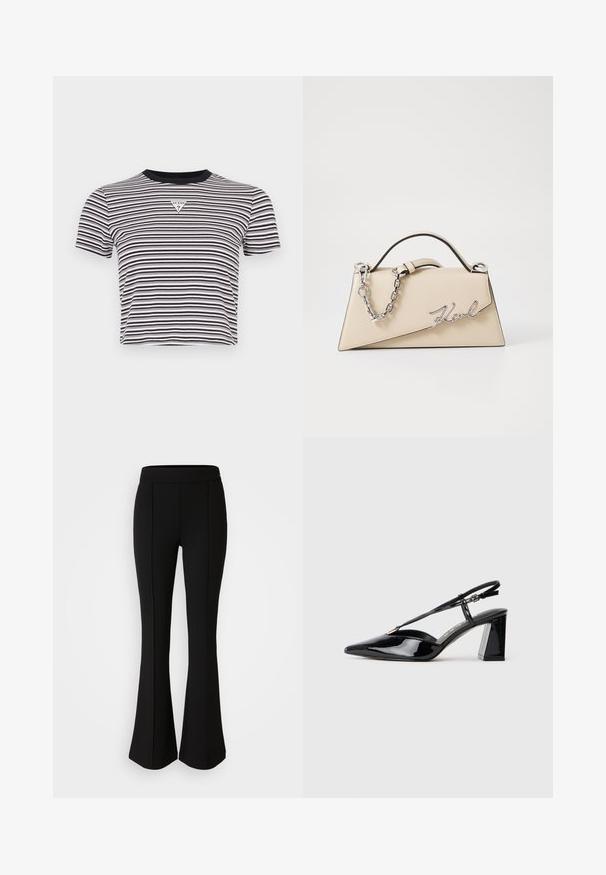 Mustvalge triibuline lühikeste varrukatega T-särk ringja kaeluse ja triangeliku logoplaadiga rinna peal. Pehme puuvillane materjal.; Mustad flared püksid, mis on valmistatud elastsetest materjalidest, millel on sile tekstuur. Ees on õmbluste detailid, mis lisavad disaini.; Mustadast mustast lakknahast kõrge kontsaga kingad, millel on terav varvas, reguleeritav rihm ja jäme ristkülikuline konts.; Bež nahkplekuga kott, millel on struktureeritud kolmnurkne kuju, hõbedase ahela käepide ja kursiivne metallist logo.