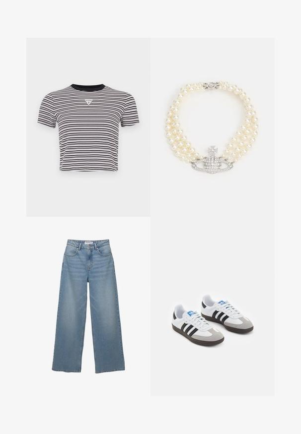 Sort/hvid stribet t-shirt med korte ærmer, rund halsudskæring og et trekantet logo-patch på brystet. Blødt bomuldsstof.; Lys blå vidde jeans lavet af denim. Har høj talje, fem lommer og lige pasform med minimal fading.; Sportsko med en overdel i hvid læder, grå ruskind på tåen og tre sorte striber. Har et blåt logo på tungen og en struktureret gummisål.; Vivienne Westwood THREE ROW RELIEF CHOKER - Halskæder - silver-coloured/white