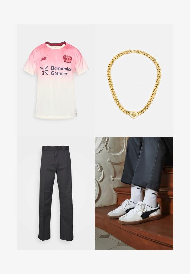 Šviesiai rožinė ir balta gradientinė sportinė marškinėliai su trumpomis rankovėmis, „New Balance“ logotipas, „Bayer Leverkusen“ herbas ir rėmėjas „Barmenia Gothaer.“; Juodos kelnės, pagamintos iš patvarios medžiagos, su tiesiais kaire, juosmeniu su diržo kilpomis ir siūlėmis, suteikiančiomis tekstūrą.; Puma sportbačiai baltoje ir juodoje zomšo spalvų derinys, su rudu guminio pado apdaila. Derinama su baltais kojiniais, kuriuose pavaizduota juoda logotipas, dėvimi su tamsiomis kelnėmis.; Auksinė grandinė su dideliais susijungusiais žiedais, centruje uždedamas apskritas pakabukas su iškilnia emblema.