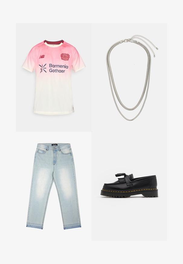Light pink and white gradient sports jersey with short sleeves, New Balance logo, Bayer Leverkusen crest, and sponsor “Barmenia Gothaer.”; Pegador BARROW - Loose Jeans - sand washed blue; Black leather loafer with a tasseled accent, featuring a chunky black sole and yellow stitching along the edge. Textured finish.; Three-layered silver metal necklace featuring sleek, flexible chains with a slight sheen, secured with a lobster clasp and adjustable chain.