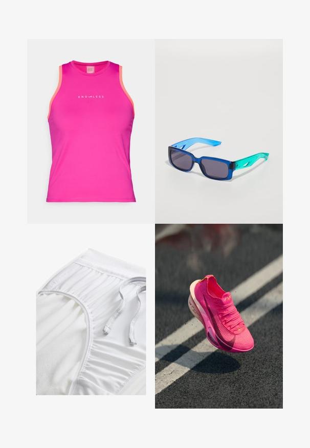 Endless ESSENTIAL - Top - deep fucsia; Pantalones cortos deportivos blancos con una cinta de cintura texturizada, detalles fruncidos en los laterales y un cordón plano. Tejido suave con un acabado liso.; Zapatilla deportiva de material de punto en un brillante color rosa, con una superficie texturizada, parte superior de malla y una mediasuela blanca. Presenta un logo en forma de swoosh en rosa oscuro.; Gafas de sol azules y verdes con lentes rectangulares; montura transparente; brazos texturizados en azul; lentes oscuros; marca notable en el costado.