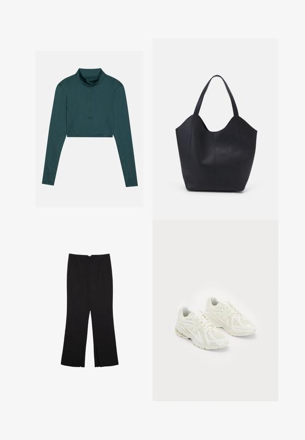 Kratka majica v temno zeleni barvi, dolgi rokavi, visok ovratnik z delnim zadrgo, gladka tekstura, ojačani šivi na šivih.; Črne hlače ravnega kroja z naglavnimi žepi in stranskimi razporki na robu. Narejene iz mehke, gladke tkanine. Primerne za različne priložnosti.; Beli športni copati iz mrežastih in sintetičnih materialov, z vezalkami, oblazinjenim ovratnikom in strukturiranim podplatom za oprijem. Lahka konstrukcija.; Črna torba v obliki tote iz gladke usnjene površine, ki ima ukrivljen odprt vrh z dvema naramnicama in minimalističnim dizajnom.