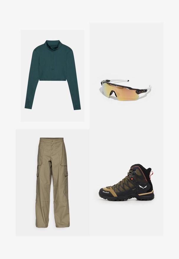 Crop Top in Dunkeltürkis, lange Ärmel, hoher Kragen mit einem halben Reißverschluss, glatte Textur, verstärkte Nähte an den Nähten.; Cargo-Hosen aus olivgrünem Stoff, mit lockerem Schnitt, mehreren Seitentaschen und einem Knopfverschluss am Bund. Glatte Textur.; Halbhoher Wanderschuh in Schwarz und Olivgrün, mit einem Obermaterial aus Netzgewebe, Gummisohle und strukturierten Akzenten sowie einer Zuglasche an der Rückseite.; Sonnenbrille mit einem schwarz-weißen Rahmen, großen verspiegelten Gläsern in Gold- und Rosatönen, aerodynamischem Design und einem erweiterten äußeren Rand.