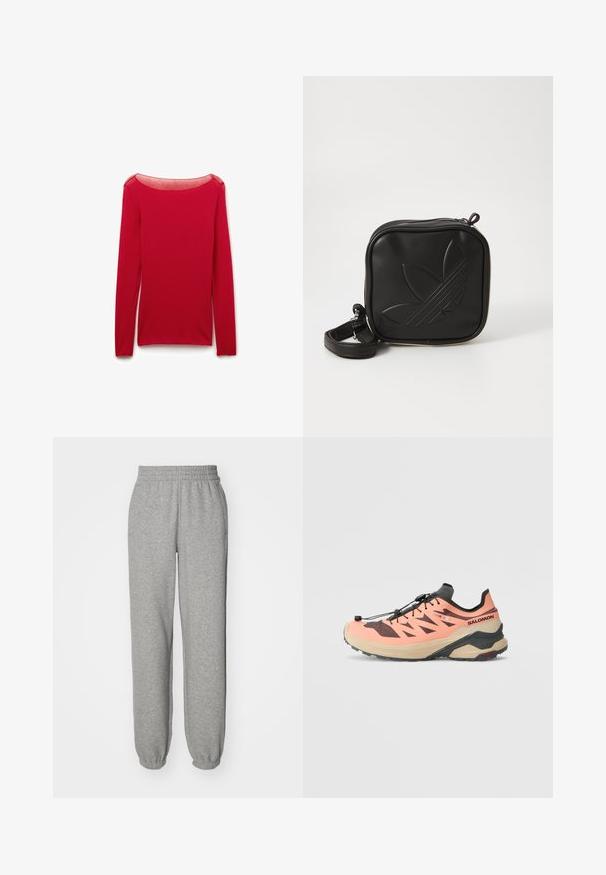 Rode shirt met lange mouwen van zachte, lichte stof met een brede, boothals en een aansluitende pasvorm, met minimale stikseldetails.; Grijze sweatpants van zacht materiaal, met een elastische tailleband en boorden, in een relaxte pasvorm en met een eenvoudig ontwerp.; Trailrun schoenen in perzik en zwart. Voorzien van een gestructureerde bovenkant met diagonale uitsparingen, een dikke beige zool en een zwart snelvetersysteem.; Zwarte vierkante crossbody tas van gestructureerd synthetisch materiaal. Met een reliëflogo ontwerp en een verstelbare schouderband. Ritssluiting.
