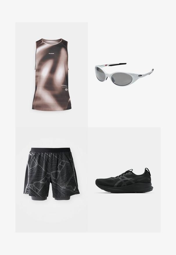 Hnědo-beige tílko se stínovaným vzorem. Vyrobeno z syntetického materiálu, má kulatý výstřih a na přední straně logo značky.; Černé sportovní šortky s texturovaným šedým vzorem, mají elastický pás a světlé šedé akcenty po stranách.; Černá sportovní obuv se síťovaným svrškem, šněrovacím designem, zesílenou patou a strukturovanou podrážkou. Obsahuje decentní reflexní logo akcenty.; Bílé plastové sluneční brýle s velkými oválnými skly, šedě tónovanými. Mají černé držáky na uši a malé logo na rámu. Hladký povrch.