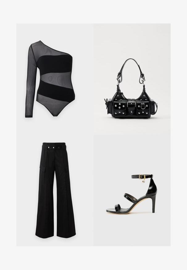 Must mustaga ühe õlaga läbipaistev võrkpükskostüüm, millel on üks pikk varrukas ja täisdiagonaalsed ribaülekanded rinnal ja vööümber.; Mustad laiad püksid kõrge vöökohtaga, suured küljetaskud, kaks esimest nööpi ja silmuse detailiga. Valmistatud tugevast kangast.; Must musta nahk sandaal kolme rihmaga, pahkluu vööga ja 4-tollise stilettakontsaga. Omab kuldset detaili ja logovõtit.; Must värvi nahast käekott, millel on kaarjas disain, hõbedased nupukesed, kinnitusahe ja kaks külgtaskut. Reguleeritav rihm erinevate kandmisvõimaluste jaoks.