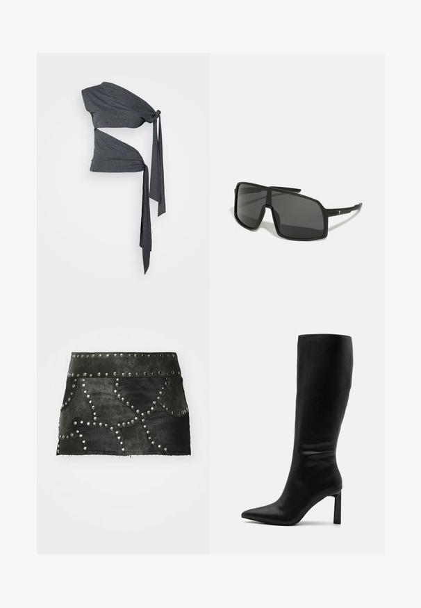 Jaded London DOUBLE KNOTTED - Trükipildiga T-särk - grey; Mustmust muströöpde ja kõverate õmblustega must nahkseelik. Omab kinnitatud taljet ja hemmi, mis jääb üle kesk-reie.; Even&Odd Saapad - black; Mustad prillid, millel on suur, nurkjas raam, tumedad läätsed ja õhukesed, voolujoonelised sanga, millel on ühel küljel väike logo.; Hõbedased rõngassüstid läikiva viimistlusega, millel on ümmargune disain ja sujuvad hinged, mis näitavad sileda tekstuuri.