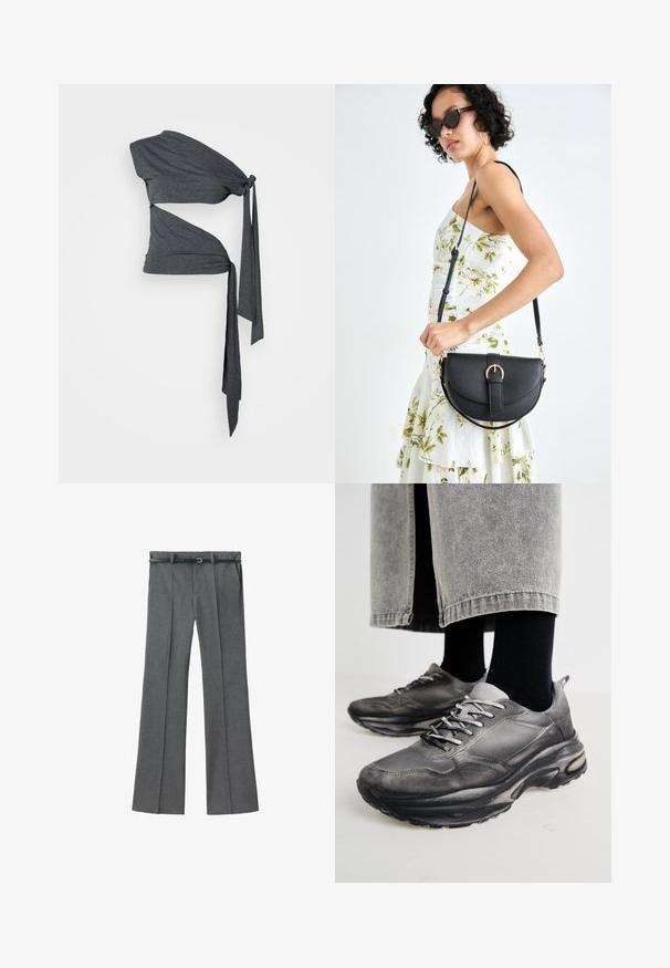 Jaded London DOUBLE KNOTTED - Printtipaita - grey; Harmaat räätälöidyt housut suoralla lahkeella, kevyestä kankaasta, vyölenkeillä ja kapealla vyöllä, jossa on hopeinen solki.; Musta ja harmaa urheilukengät sisältävät verkkomateriaalista valmistetun päällisen, paksut pohjat ja nauhat. Kenkien kärki on pyöristetty ja niissä on näkyvää pehmustusta.; Musta nahkainen käsilaukku, joka on kaareva muotoilultaan, irrotettavalla hihnalla ja kultaisilla yksityiskohdilla. Laukussa on läppä, jossa on solk yksityiskohta.