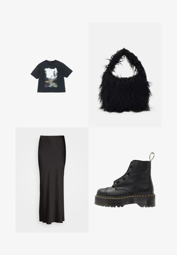 Musta puuvillapaita, jossa on luontoteemainen graafinen printti, jossa näkyy vuoria, puita ja peura, lyhyet hihat ja pyöreä pääntie.; Mustat, lattiaan ulottuvat satiinihameet, joissa on sileä tekstuuri, istuva vyötärö ja A-linjainen siluetti, ilman näkyviä koristeluja tai kuvioita.; Mustat nahkaisen nilkkurit, joissa on teksturoidun pinnan, pyöreä kärki, nauhakiinnitys, keltainen ommel ja paksu, uritettu musta alustapohja.; Even&Odd Shopping bag - black