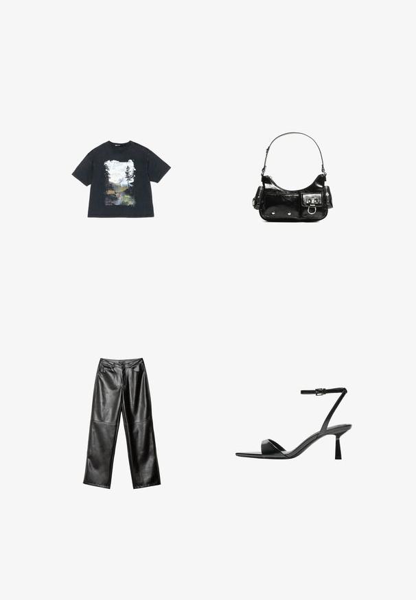 Črna bombažna majica s kratkimi rokavi in okroglim izrezom, ki se ponaša z grafičnim potiskom naravne tematike, na katerem so gore, drevesa in jelene.; Črne usnjene hlače širokega kroja z gladko teksturo, petimi žepi in šivi vzdolž hlačnic ter pasu.; Bershka Sandali z visoko peto - black; Črna lakasta usnjena torbica s ukrivljeno obliko, enim ramenskim trakom, sprednjimi žepi in srebrnimi kovinskimi dodatki.
