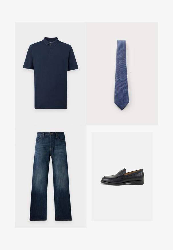 Navy blue polo shirt made of soft cotton. Features a classic collar, two-button placket, and short sleeves. Subtle logo on chest.; Dark blue denim jeans with a straight-leg design, featuring a lightweight texture, belt loops, and a classic five-pocket style.; Black leather loafers with a smooth finish, rounded toe, and decorative stitching on the vamp. Low stacked heel and slight shine.; Blue striped tie featuring a diagonal pattern, made of smooth fabric with a pointed end. The stripes alternate in a slightly darker hue.