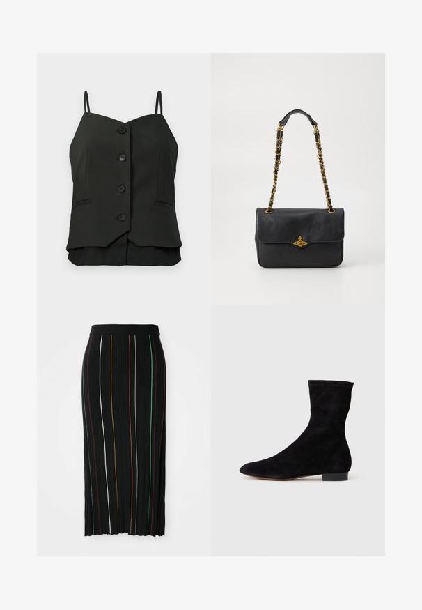 Čierna bezrukávová blúzka na gombíky s tenkými ramienkami a dvoma malými vreckami zošitými na predných stranách.; Čierna plisovaná sukňa s vertikálnymi pruhmi v žltej, oranžovej, červenej, zelenej a bielej farbe. Má priliehavý pás a mierne nerovnomerný lem.; Čierne semišové členkové topánky s priliehavým zvrškom, špicatou špičkou a nízkym blokovým opätkom. Hladká textúra a minimalistický dizajn, vhodné na všestranné kombinovanie.; Čierna kožená kabelka s preklopeným klopou, zlatým reťazovým popruhom a logom na prednej strane. Hladká štruktúra.