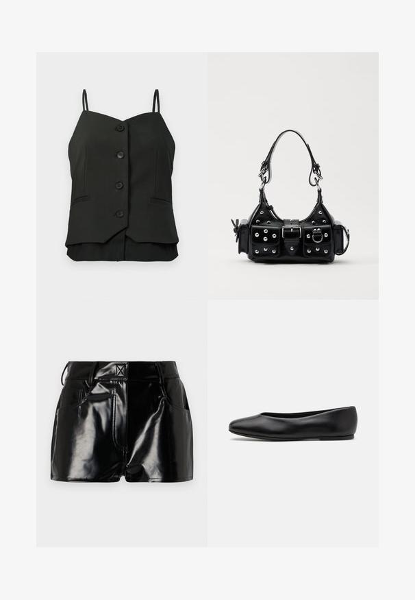Crna bezrukavna bluzica sa dugmadi, tankim naramenicama i dva mala šivaća džepa sa prednje strane.; Crne, sjajne kratke hlače napravljene od sintetičkog materijala. Imaju uski pojas, petljice za pojas i prednje džepove sa istaknutim detaljima šivanja.; Paul Smith TOPANGA - Balerinke - black; Crna kožna torba s zakrivljenim dizajnom, koja sadrži srebrne zakovice, kopču i dva bočna džepa. Podesiva traka za različite opcije nošenja.