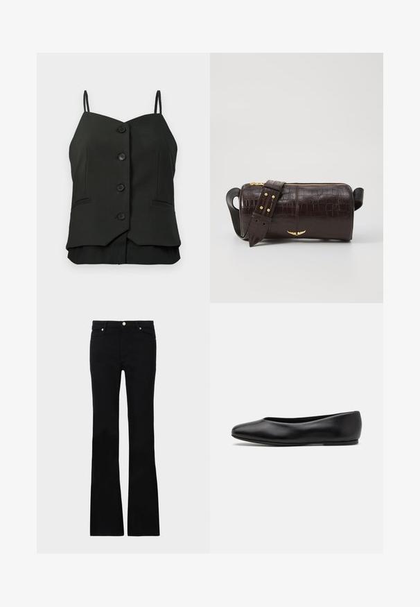 Sort ærmeløs skjorte med knapper, tynde skulderstropper og to små syede lommer på fronten.; Sorte bløde jeans lavet af denim, med to frontlommer, knaplukning og en glat tekstur. Signaturstikninger synlige ved sømmene.; Paul Smith TOPANGA - Ballerinasko - black; Brun krokodilleder taske med cylindrisk form, hardware i guld-tone, og en aftagelig rem med nitter.