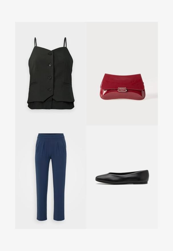 Czarna bezrękawnikowa bluzka na guziki z cienkimi ramiączkami i dwoma małymi wszytymi kieszonkami z przodu.; Granatowe spodnie o wysokim stanie z elastycznym paskiem, proste szerokie nogawki i boczne kieszenie, przedstawione na jednolitym tle.; Paul Smith TOPANGA czarny; Czerwony lakierowany skórzany kopertówka o zaokrąglonym kształcie, z klapą składana oraz metalowym logo na srebrnej tabliczce. Gładka, błyszcząca tekstura.