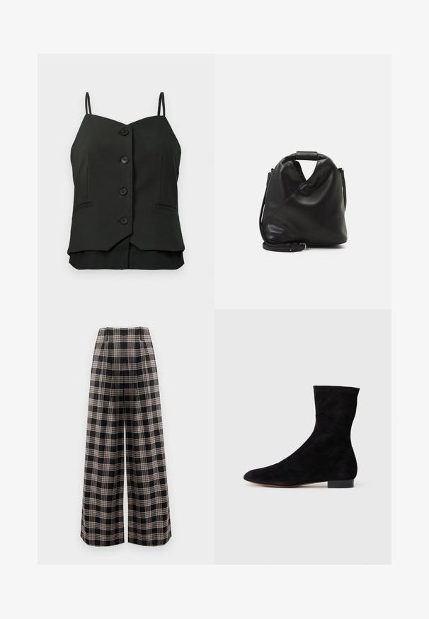 Juoda be rankovių mygtukinė bliuskutė su plonomis petnešėlėmis ir dviem mažomis siūtomis kišenėmis priekyje.; Plaid plačiai antblauzdžiai juodos, baltos ir rusvos spalvų su patikrinta raštu. Yra raukšlėtas priekis ir aukšta juosmens konstrukcija.; Juoda zomšo kulkšnė su prigludusia ašimi, smailiu pirštu ir žemu bloku. Lygus paviršius ir minimalistiškas dizainas, tinkantis įvairiems stiliams.; Juodas, minkštas odinis krepšys su unikaliu išsuktiniu dizainu. Yra trumpas rankenas ir nuimamas peties diržas. Minimalistinis stilius.