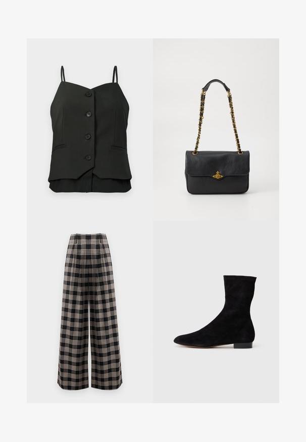 Sort ærmeløs skjorte med knapper, tynde skulderstropper og to små syede lommer på fronten.; Bredde ben, ternede bukser i sort, hvid og tan med et checks-mønster. Har en plisseret front og højtaljet design.; Sorte suedestøvler til anklerne med en tætsiddende skaft, spids tå og lav blokhæl. Glat tekstur og minimalistisk design, velegnet til alsidig styling.; Sort læderhåndtaske med en fold-over klaff, guldfarvet kædestrop og logo hardwaredetalje på forsiden. Glat tekstur.
